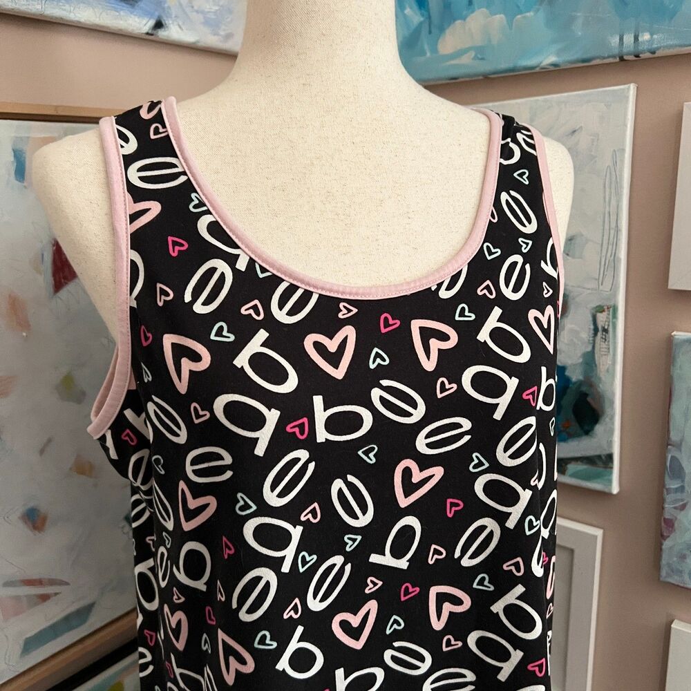 Bebe Y2K Logo Heart‎ Print Tank Top Black Pink Graphic Mall Core McBling Size L